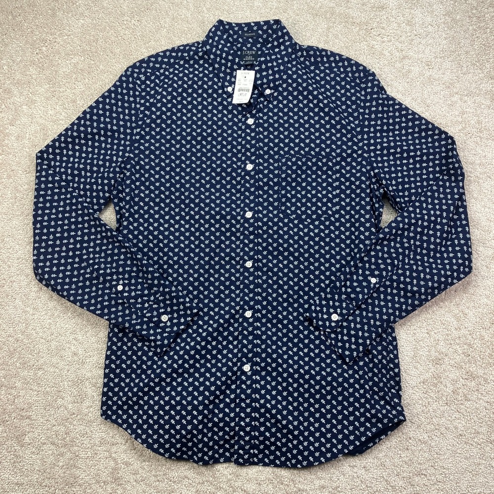 NEW J. Crew Mens L Button Front Shirt Navy White Leaf Print Flex Washed BT132 - Picture 2 of 7